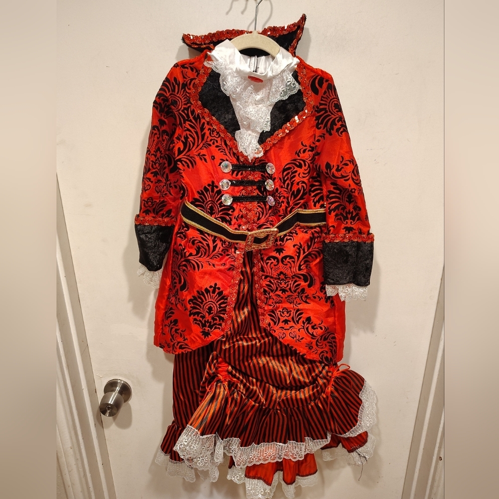 Girls Red Velvet Pirate Dress Costume with Lace Trim